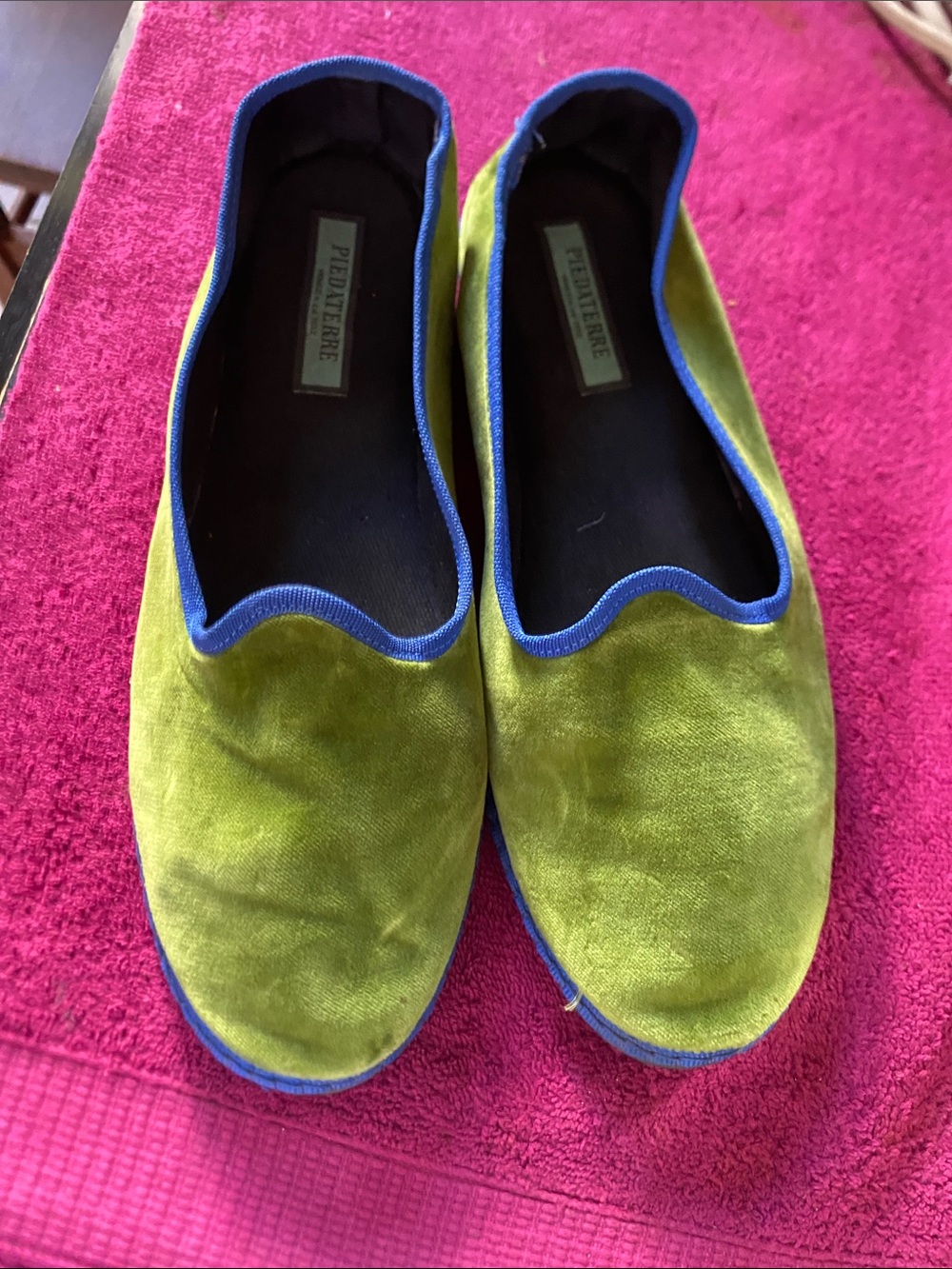 Green Velvet Slip-On Flats with Blue Trim